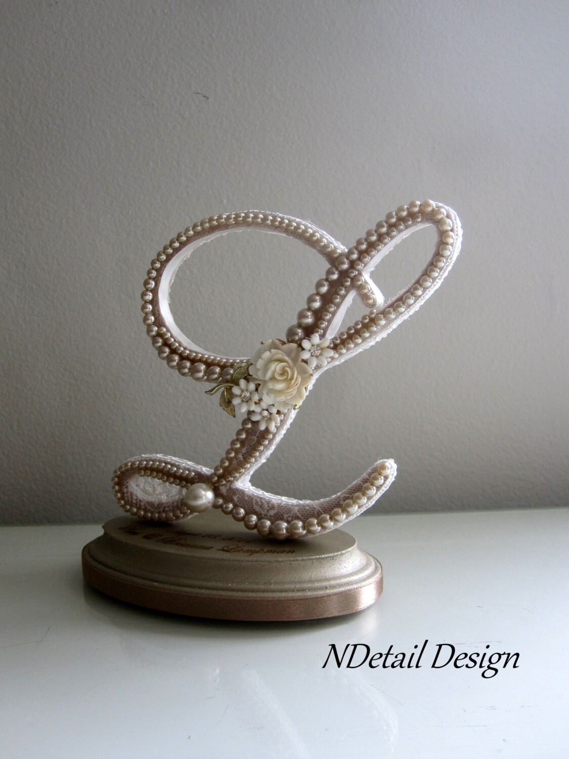 Monogram Pearl Wedding Cake Topper Custom Engraving Letter L