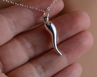 All Sterling Silver Italian Horn Necklace, unisex Dainty Minimalist Jewerly