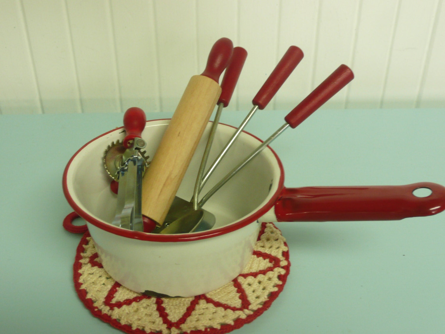 NOS Vintage TOY Kitchen Utensil Set Steel with Red Handles