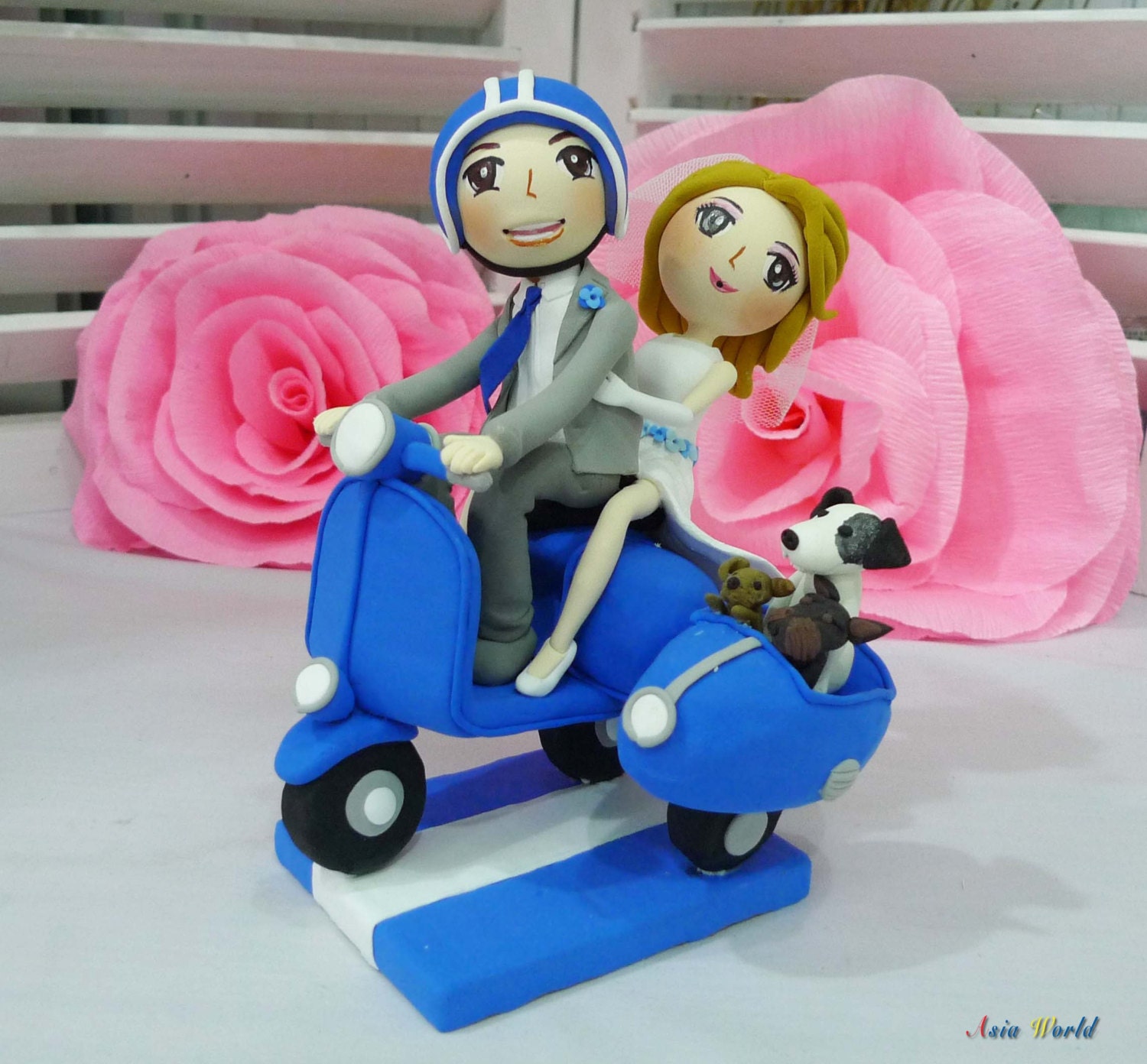 Wedding Cake topper Blue Vespa wedding clay couple with Side