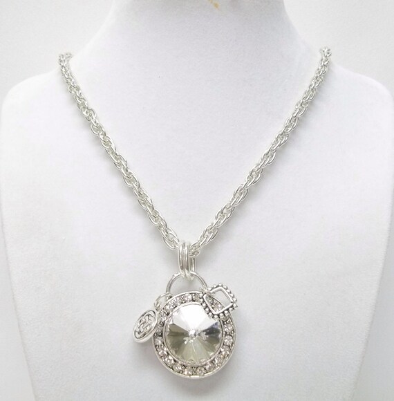 Large Rhinestone Drop on Silver Pendant Necklace