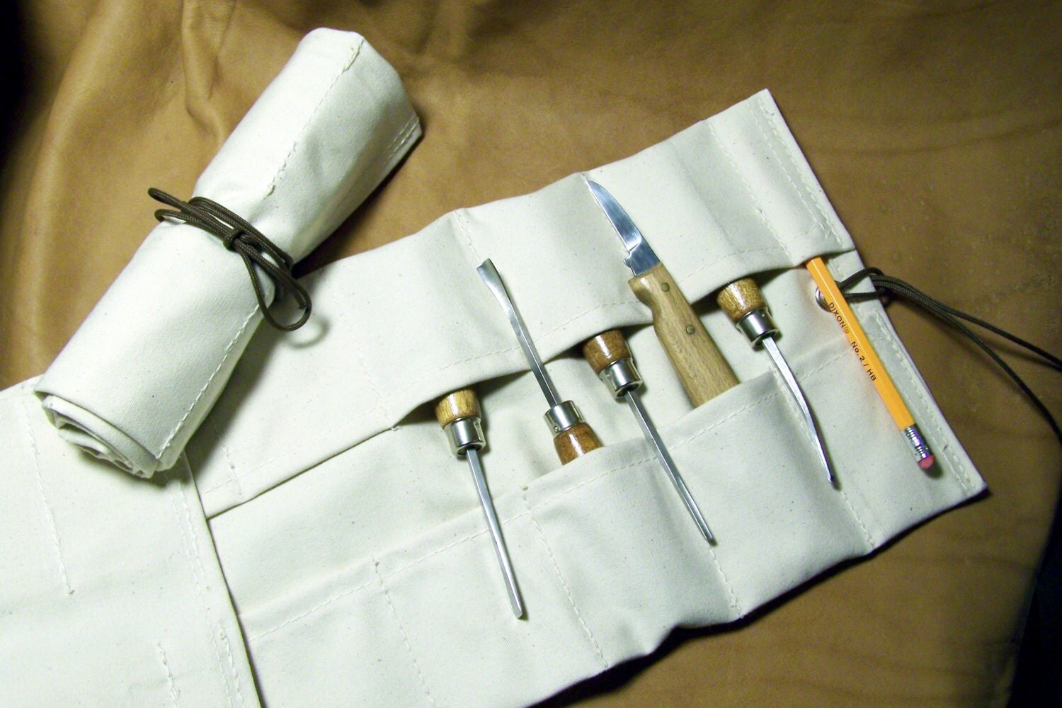 Small Natural Canvas Tool Roll for Wood Carvers by HbarNCraftworks