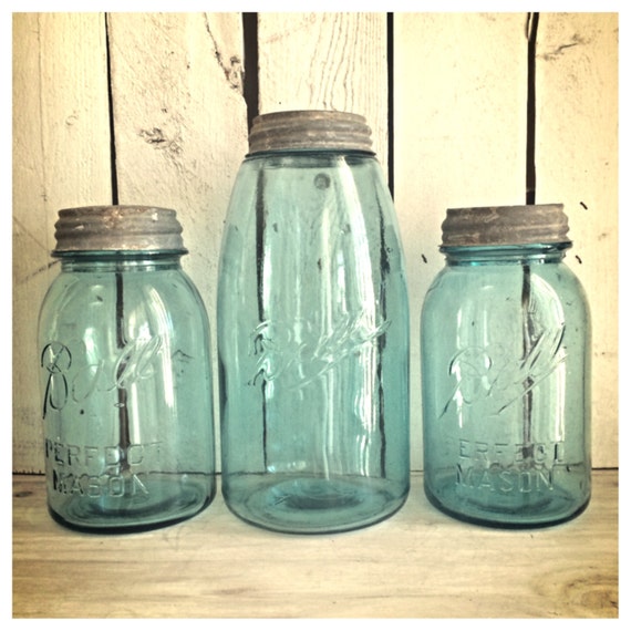 Vintage Aqua blue ball mason jars / 1/2 gallon strong shoulder