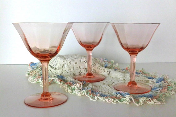 Antique Pretty Pink Optic Champagne Glasses Coupes Stemware lot of 3