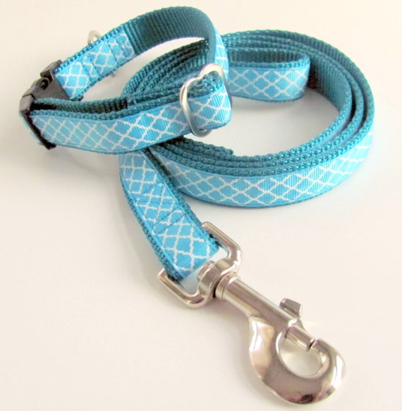 Teal Quatrefoil Dog Collar and Leash Set 3/4 wide