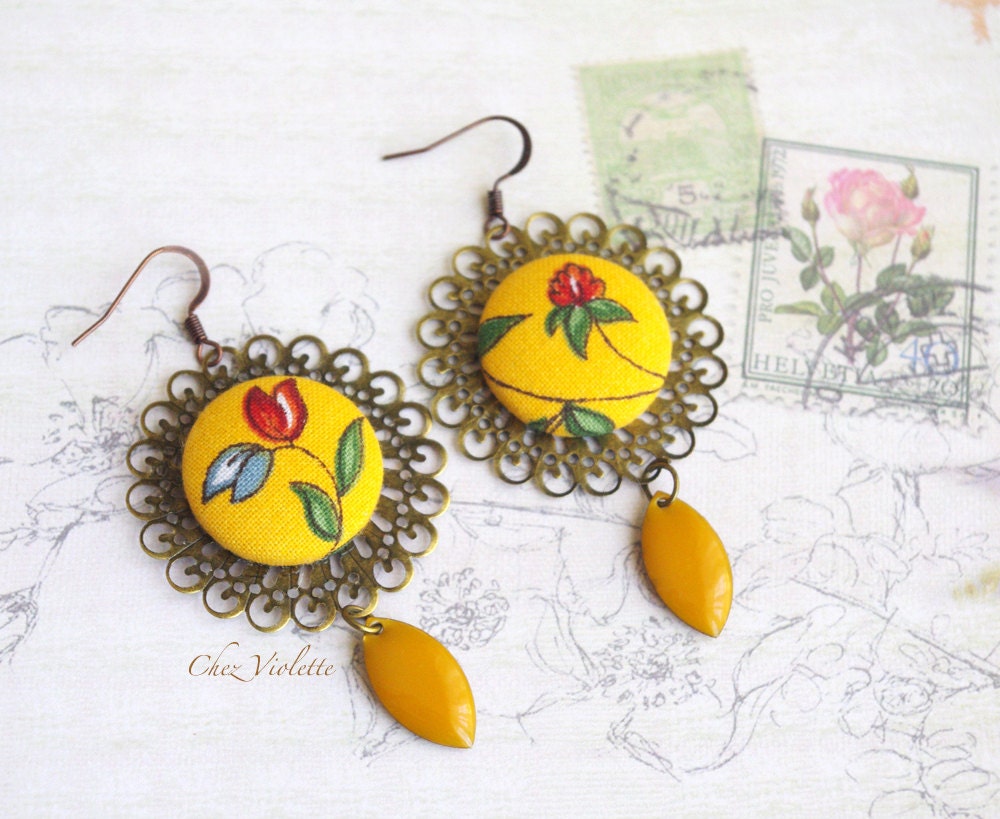 Yellow Mustard earrings fabric floral earrings mustard facet