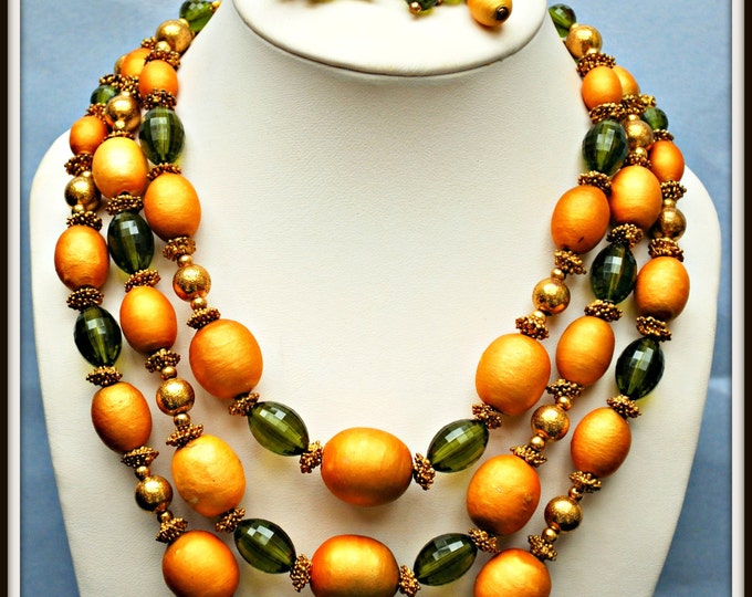 FLORENZA Necklace and Earring - Triple strand Orange Green Beads - clip on earrings - Vintage jewelry set