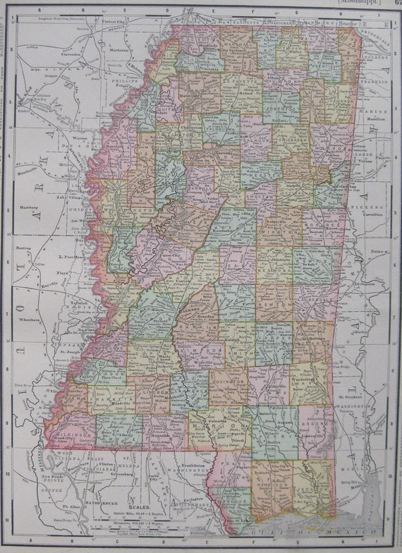 1897 Antique MISSISSIPPI Map of Mississippi State Map