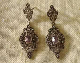 Vintage Amethyst Marcasite Sterling Silver Earrings