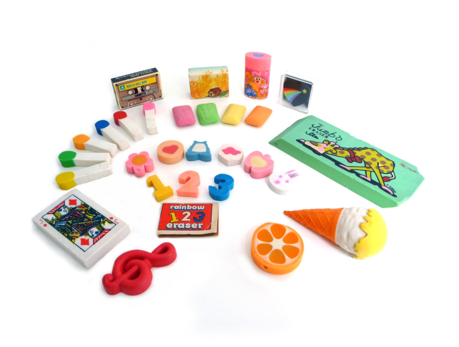 Vintage Eraser Set 28 Assorted Multicolor Mini Kawaii Erasers Instant Collection 1980s
