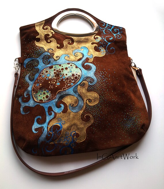 Items similar to Natural leather handbag Hand painted brown color unit author work brown