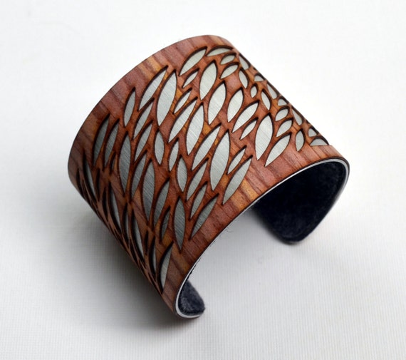 Wood Cuff Bracelet Leaf Pattern on Brushed by JohnLeslieStudios