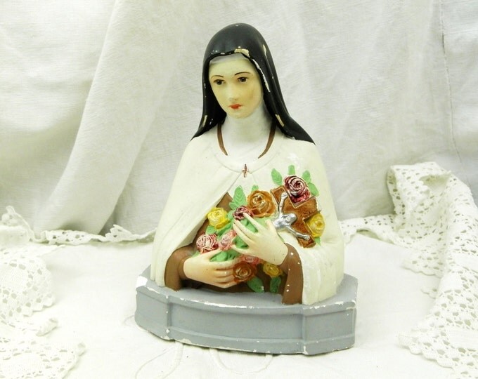 Vintage French Chippy Saint Therese de Lisieux Normandy Bust, Catholic St Theresa Plaster of Paris Statue, Religious Sculpture from France