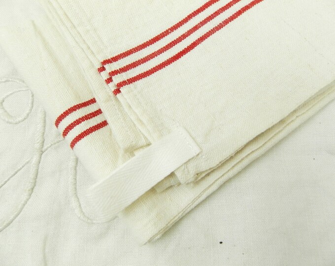Excellen Coindition Large Antique French Linen Tea Towel with Woven Red Stripes / French Country Kitchen Decor/ Traditional/ Parisian /Home
