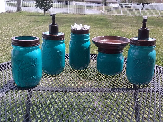 Ball Mason Jar Bathroom Set Turquoise Blue And Brown Full