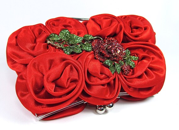 Red Rose Satin Rhinestone Bridal Clutch, Wedding Purse, Holiday Clutch