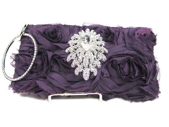 Eggplant Shabby Chic Rosette Crystal Bridal Clutch, Wedding Purse, Evening Clutch