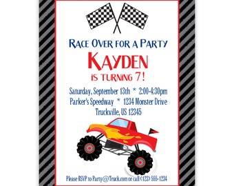 Monster Truck Invitation - Grey Stripe, Red Orange Monster Truck , Checked Flag Personalized Birthday Party Invite - Digital Printable File