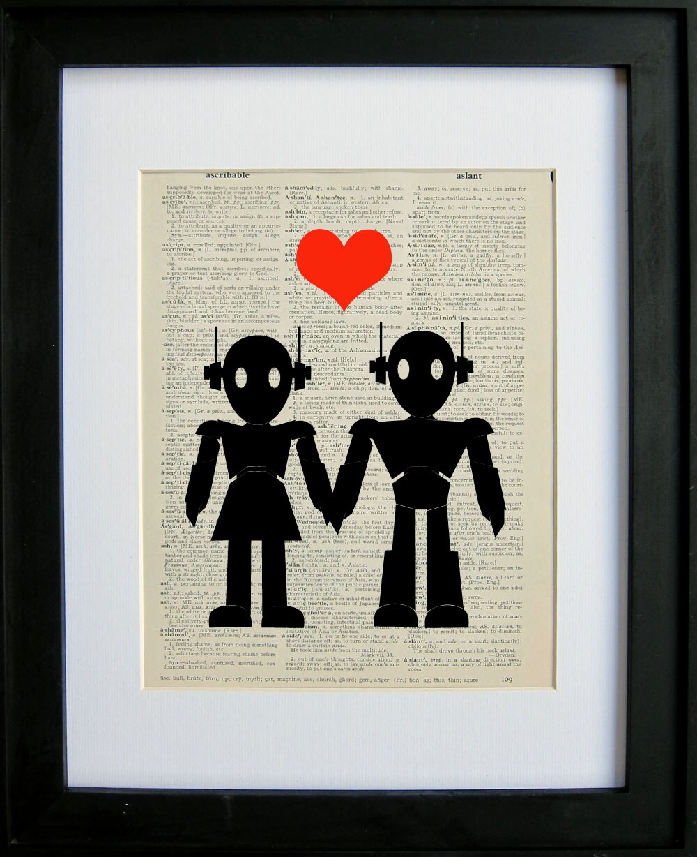 Robots in love printed on a page from an by LePapierGallery