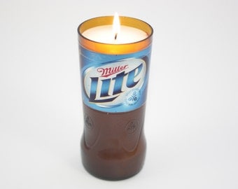 Recycled Beer Bottle Candle from Miller Lite Beer Bottle, High Scented, Custom Made Candle