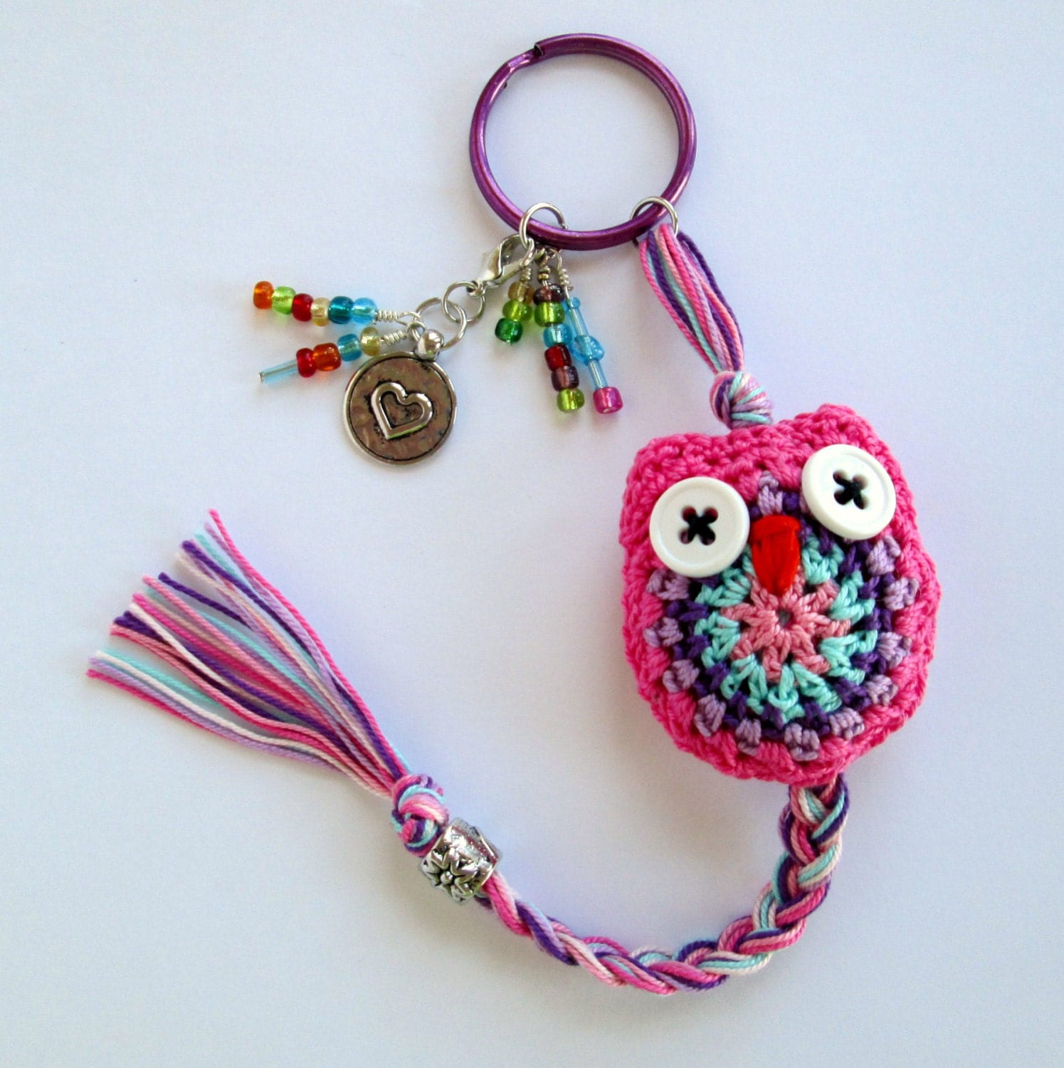 Crochet Owl Keychain in Pink Purple and Aqua by NirvanaDesigns