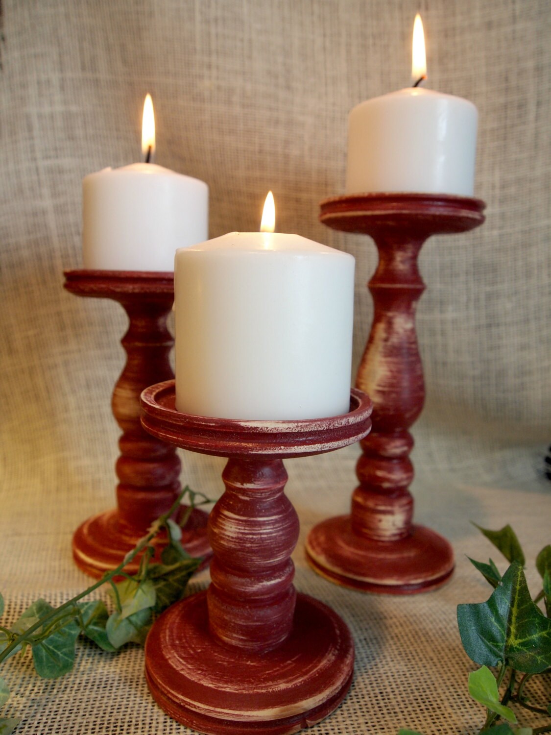 Primitive Red Pillar Candle Holder Set of 3 Lathe turned