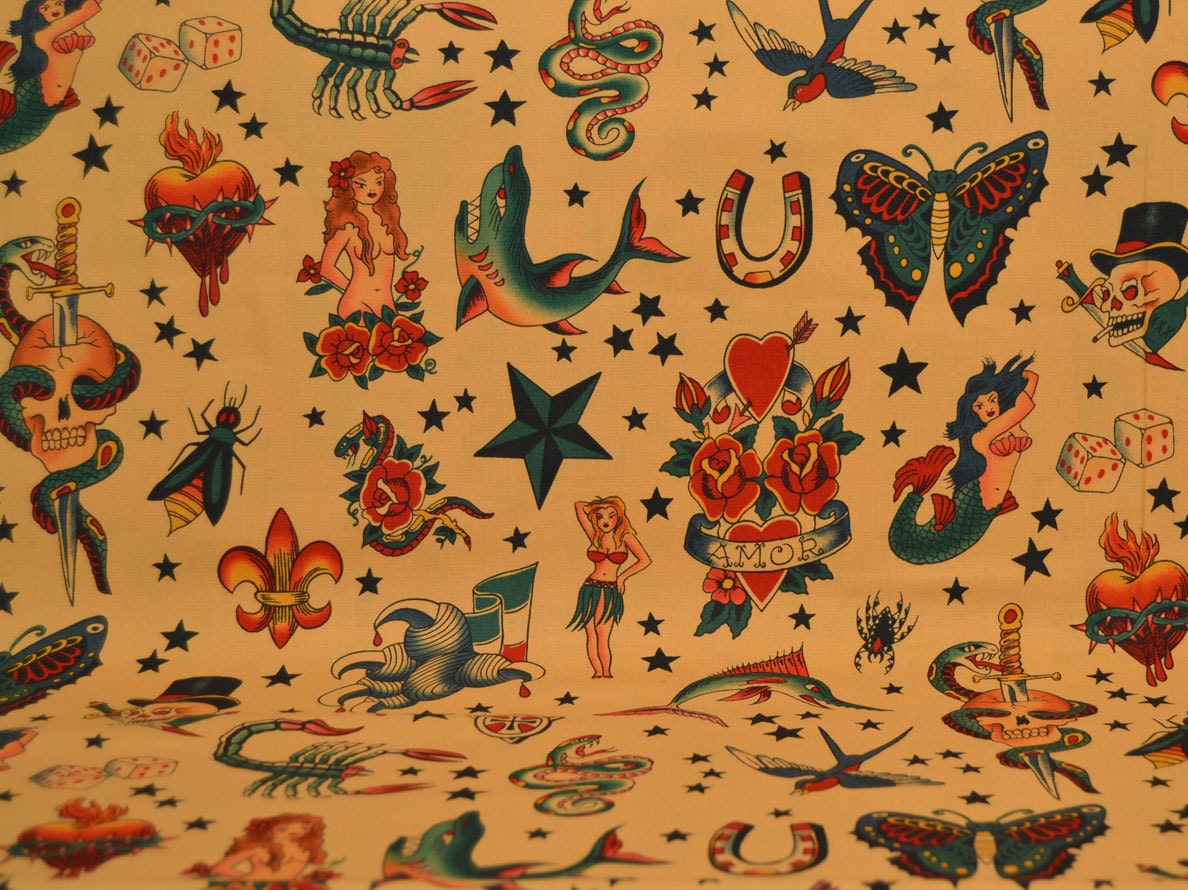 Vintage Tattoo Print Cotton Fabric Tea Light Brown