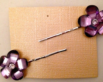Purple Flower Bobbie Pins, Set of 2