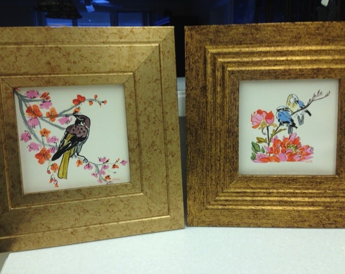 Set of 2 Japanese Inspired Bird/Flower Pictures in Gold/Copper Wood Frames