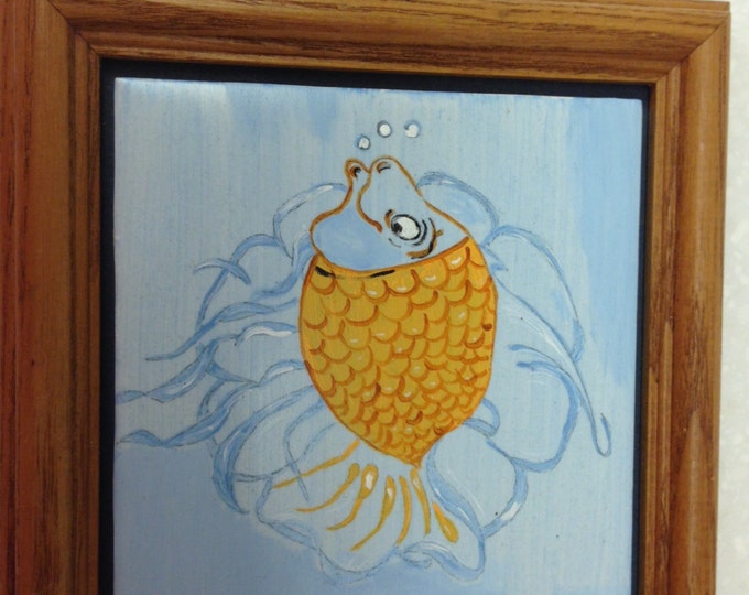 Whimsical Fish Painted on Tile and Framed in Wood