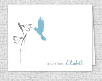 Hummingbird and Flower Printed Note Cards - Set of 10 - Personalized Stationery, Your Font & Color Choice