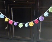 crochet garland bunting coloured flowers hand made party childrens home decoration