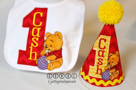 Winnie the pooh birthday set, pooh birthday hat, party hats, 1st birthday, poohs bib, winnie the pooh bib and hat, pooh shirt