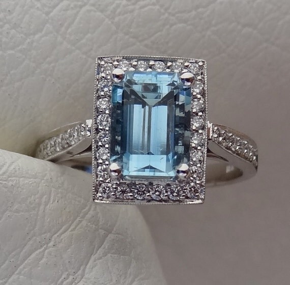 Emerald Cut Natural Light Blue Aquamarine with Diamond Halo