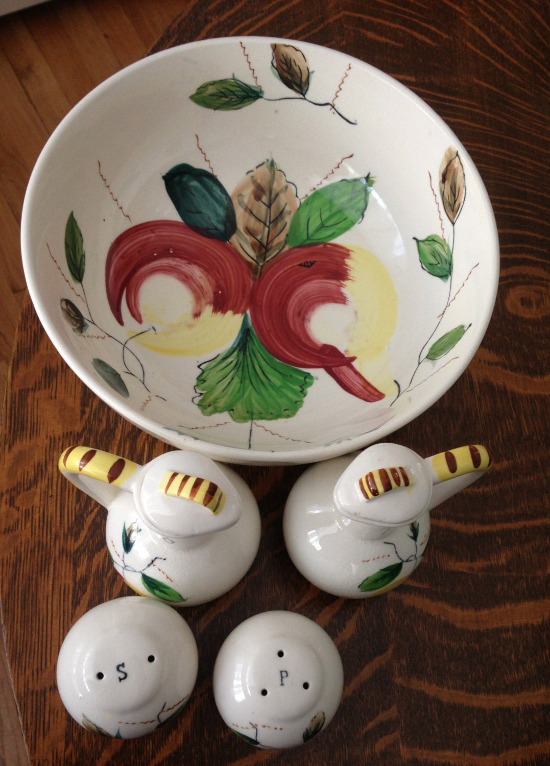 Large vintage ceramic salad set serving bowl, oil and vinegar bottles