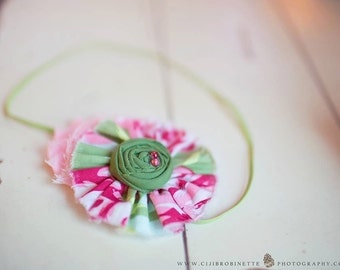 Pink Green Raspberry Headband for Baby Girl / Fabric Frayed Flower Green Rosette headband for girls and babies