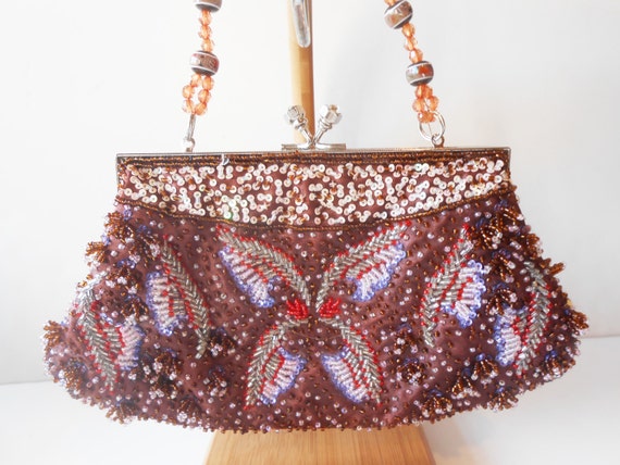 Beaded Evening Bag Vintage Copper Sparkly Clutch Handbag