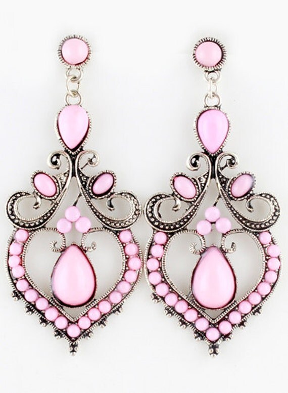 Pink Gemstone Retro Silver Gauges Plugs Dangles Earrings