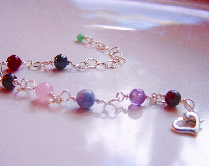 7 Chakra Bracelet, Semi Precious Stones, wire wrapped and linked, Heart Toggle Energy Centers, Reiki Jewelry, Gift Idea
