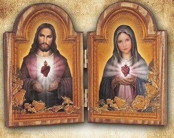 Sacred Heart of Jesus and Immaculate Heart of Mary Diptych 9" x 6.5" Free Shipping