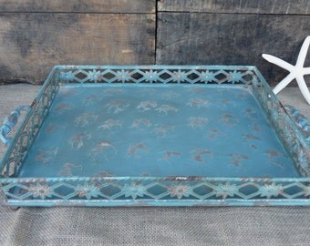 Distressed Vintage Inspired Patina Aqua Turquoise Metal Serving Tray ~ Home Decor Centerpiece Kitchen Shabby Chic Farmhouse