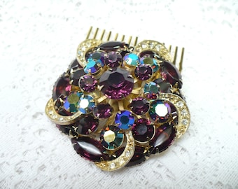 Vintage Bridal or Formal Hair Comb - gold tone - PURPLE RHINESTONE - Aurora Borealis - Clear rhinestone - Heirloom - WEDDING-Keepsake Bridal