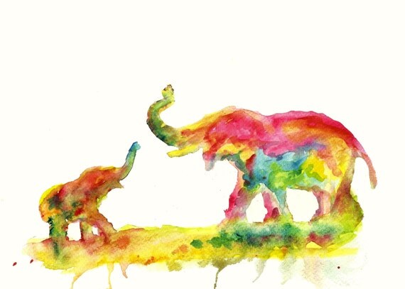 Mother and Baby Elephant ART PRINT of colorful watercolor