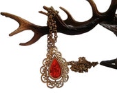 Avon red necklace ,1970s necklace, Vintage Faceted Glass Drop Pendant Necklace