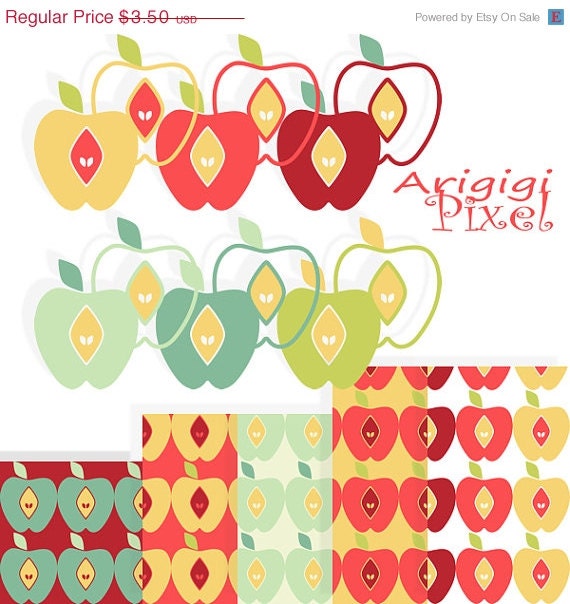 WEEKEND SALE 50 % OFF apples, digital paper and clip art set , back to sghool, fruit clipart, warm fall colors, commercial use digital eleme Il_570xn