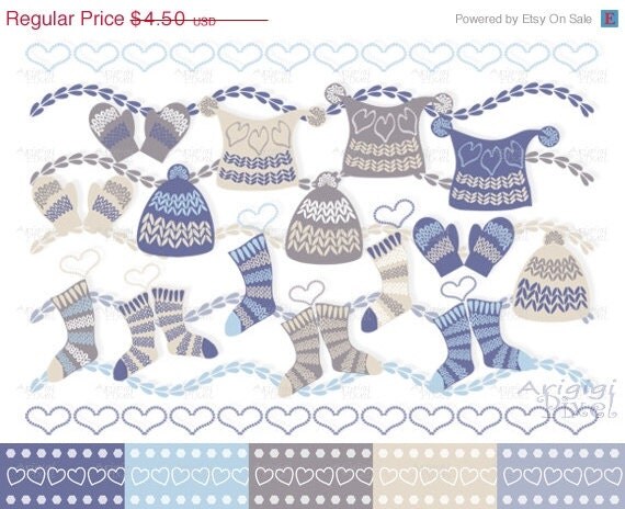 ON SALE 50 % OFF Winter caps, socks, mittens clip art set, digital papers pack , knitted accessories clipart, blue scrapbooking kit, instant Il_570xn