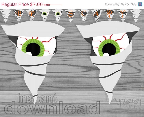 ON SALE 50 % OFF instant download, printable Halloween garland, mummy, spooky eyes, gray, green eyeballs, '' be scary '' text, party banne Il_570xn