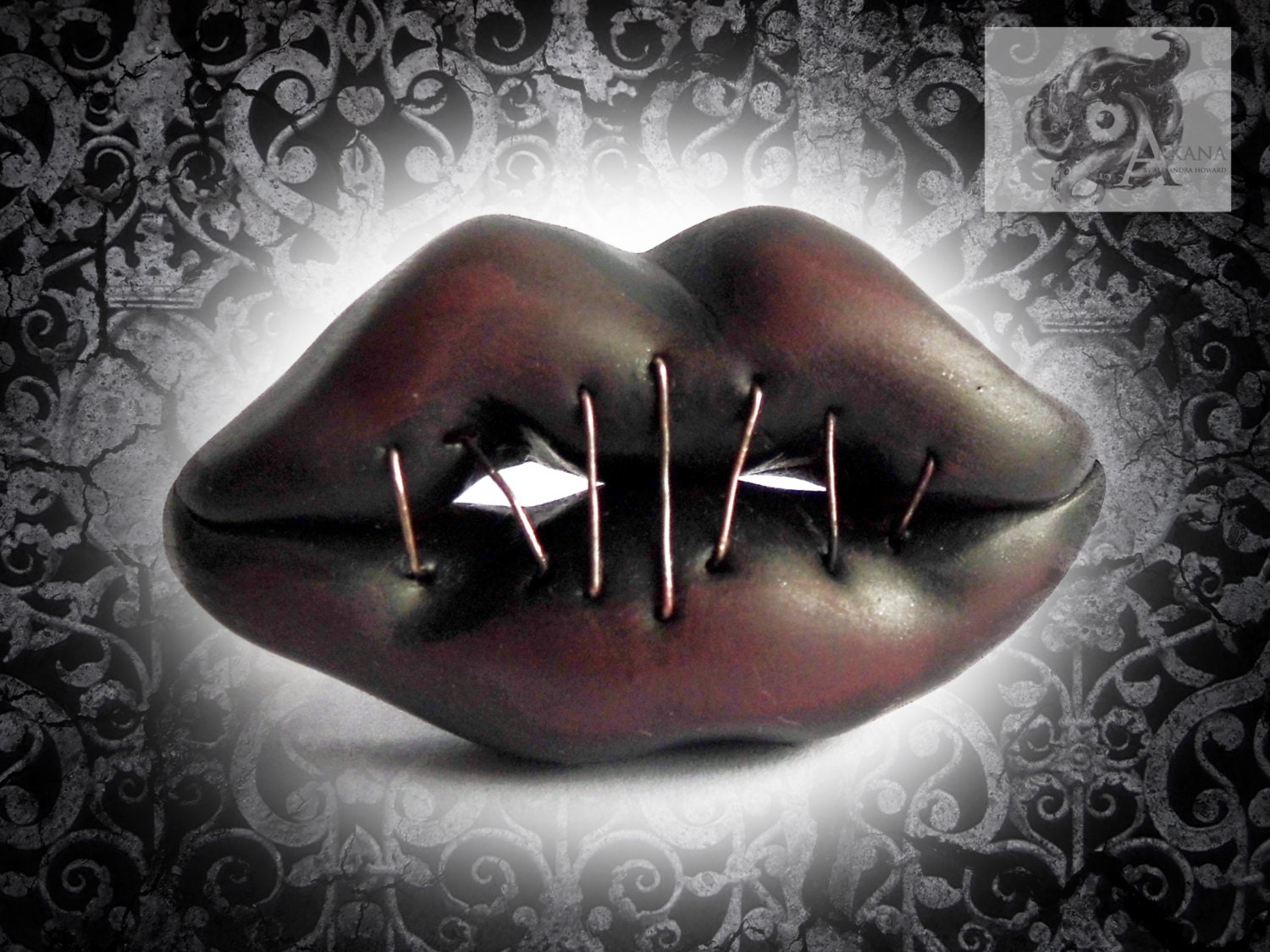 Speak no Evil handmade stapled mouth brooch by