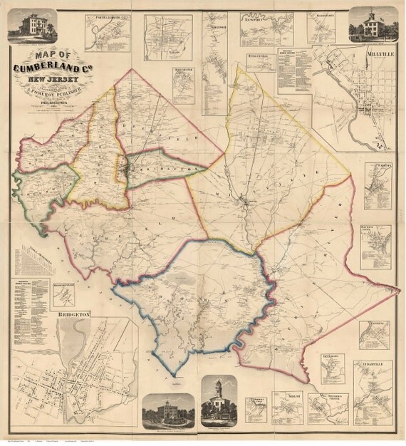 Cumberland County New Jersey 1862 Old Wall Map Reprint