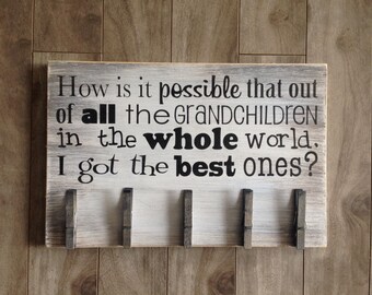 Grandchildren sign with picture hanger pegs. - Grandpa and Grandma sign - Great Gift!!